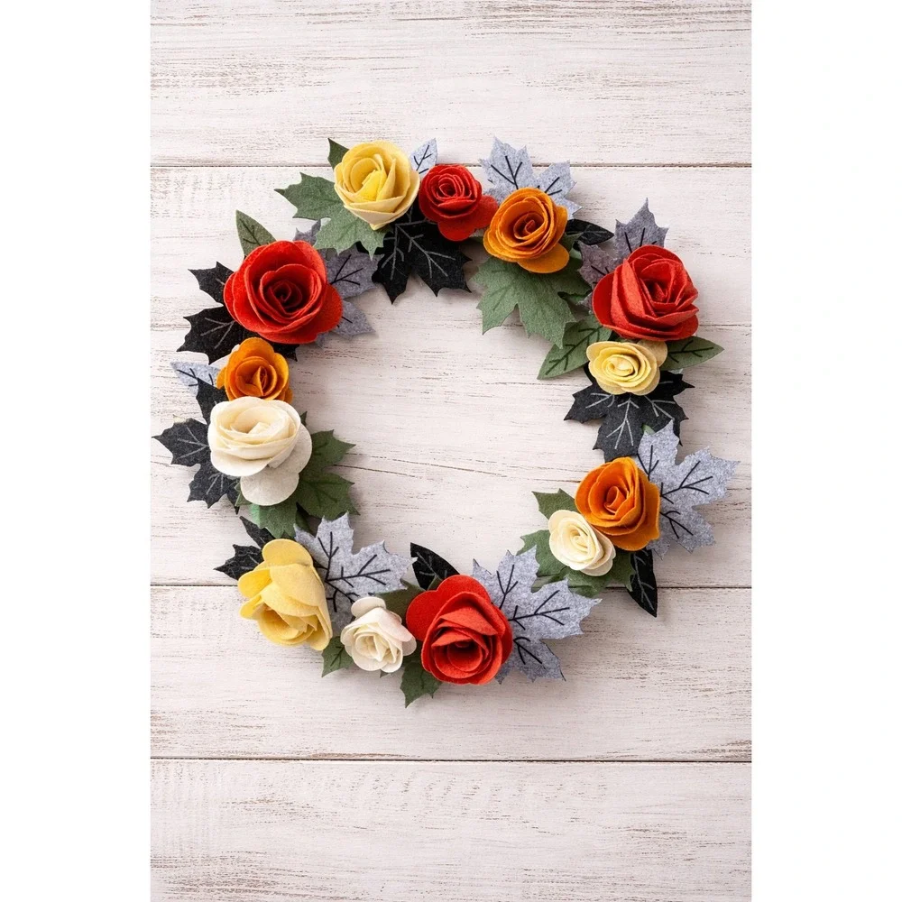 Simply‎ Autumn Decor Felt Floral Wreath Fall Leaves Roses Red Orange Jo-Ann 18in